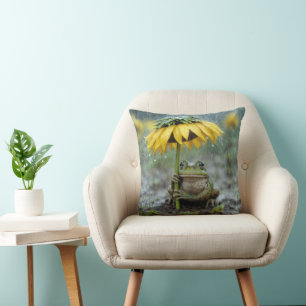 Frog Under a Sunflower Umbrella in Rain Cushion