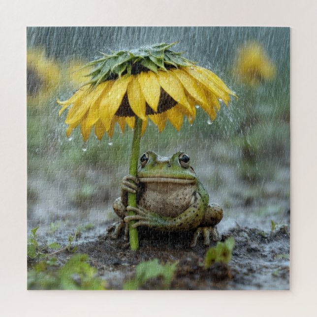 Frog Under a Sunflower Umbrella in Rain Jigsaw Puzzle (Vertical)