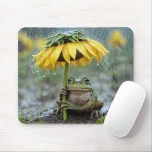 Frog Under a Sunflower Umbrella in Rain Mouse Pad