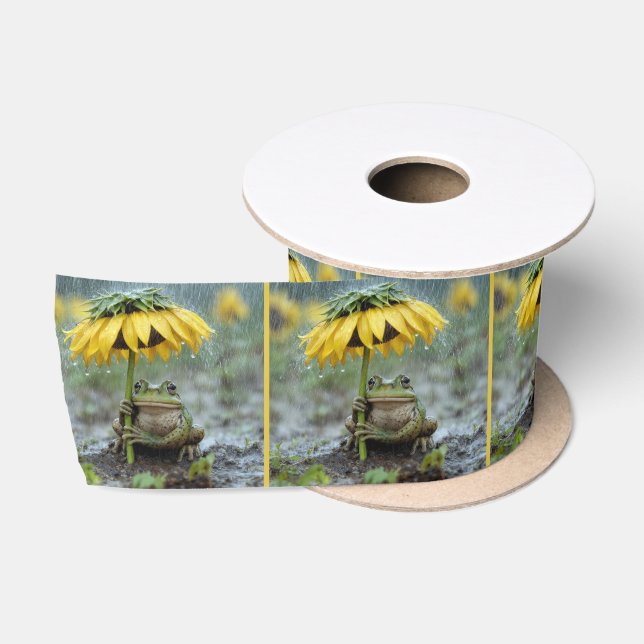 Frog Under a Sunflower Umbrella in Rain Satin Ribbon (Spool)