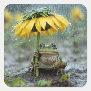 Frog Under a Sunflower Umbrella in Rain Square Sticker