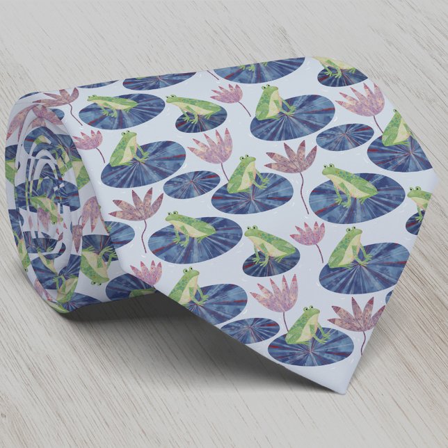 Frog Watercolor Blue Tie (Fun frog on lily leaves neck tie for nature and amphibian lovers)