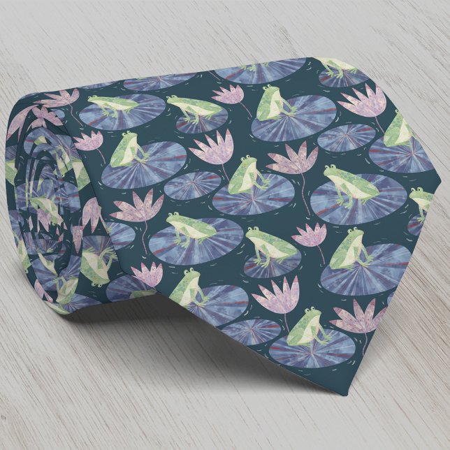 Frog Watercolor Dark Tie (Fun frog on lily leaves neck tie for nature and amphibian lovers)