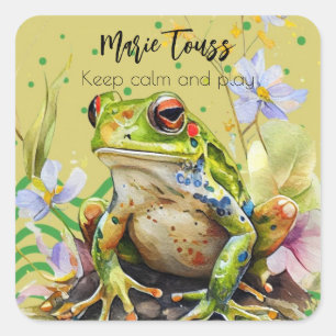 Frog Watercolor Fun text & Name Flat Holiday Card Square Sticker