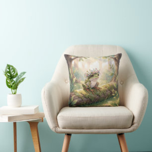 Frog Wearing a Floral Crown In Forest Cushion