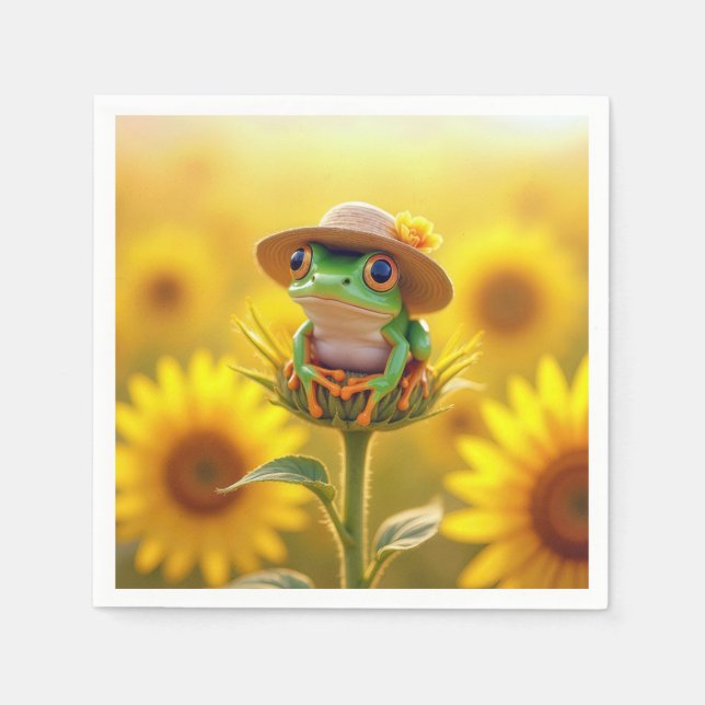 Frog Wearing a Straw Hat On a Sunflower Bud Napkin (Front)