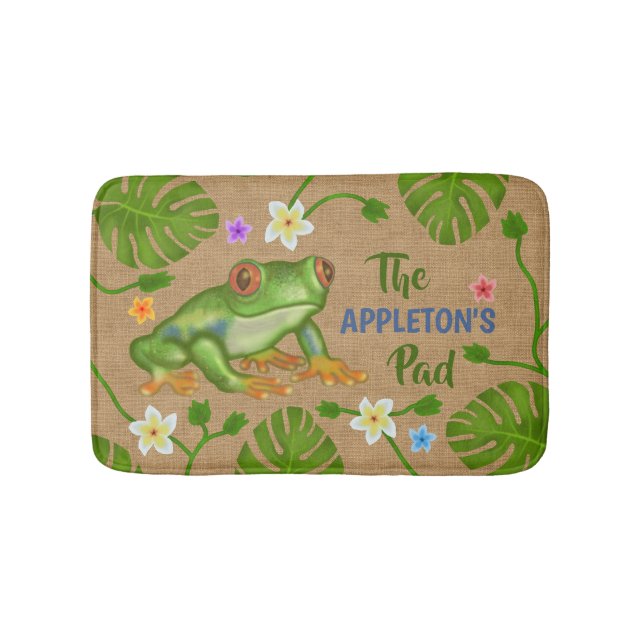 Frog Welcome to Our Pad Tropical Personalised Name Bath Mat (Front)