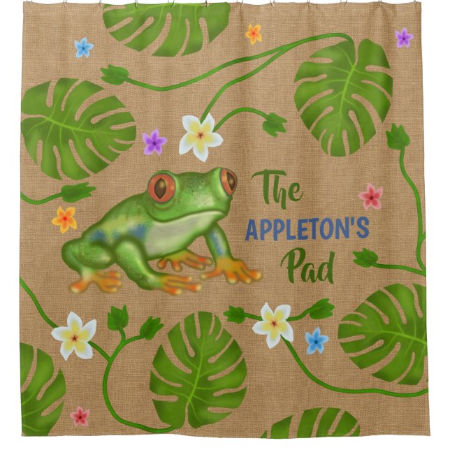 Frog Welcome to Our Pad Tropical Personalised Name Shower Curtain (Front)