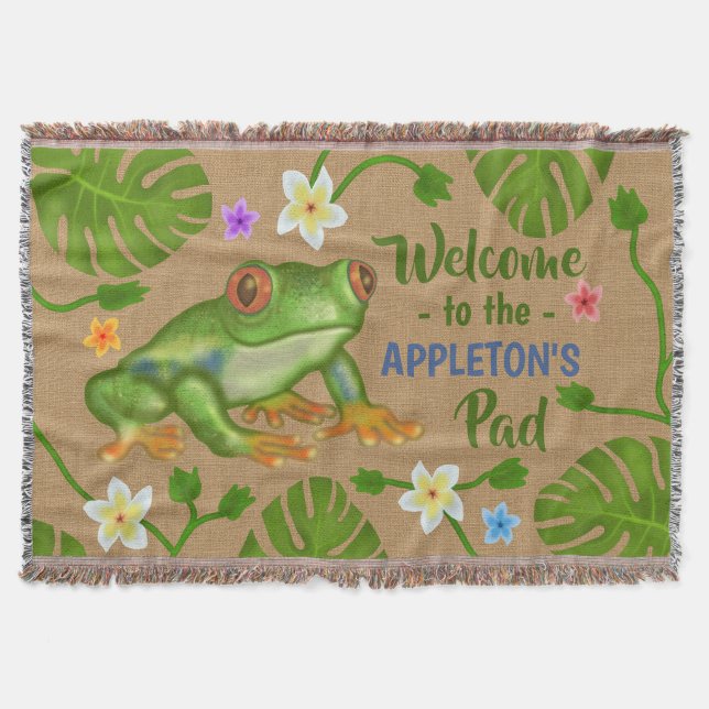 Frog Welcome to Our Pad Tropical Personalised Name Throw Blanket (Front)