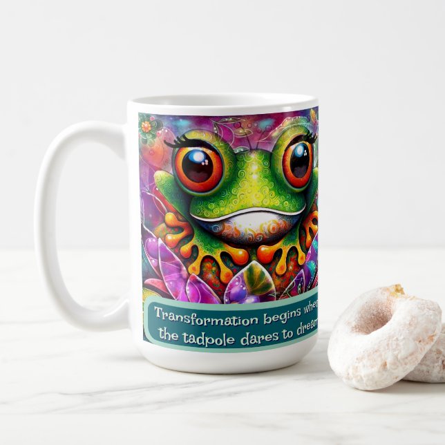 Frog Whimsical Abstract Art Floral Personalised Coffee Mug (With Donut)