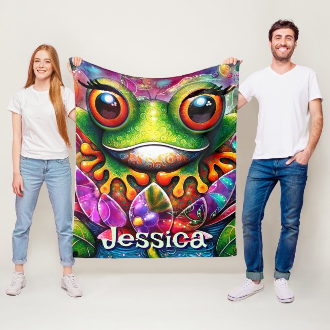 Frog Whimsical Abstract Art Floral Personalised Fleece Blanket (In Situ)