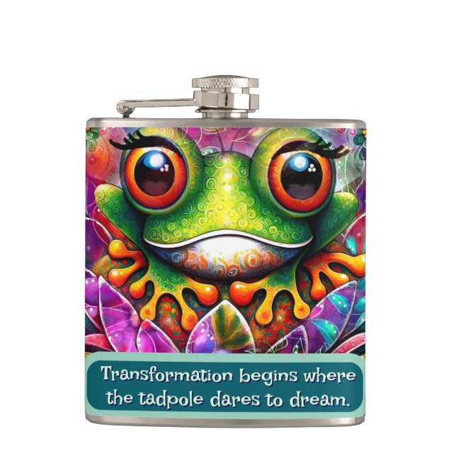 Frog Whimsical Abstract Art Floral Personalised Hip Flask (Front)