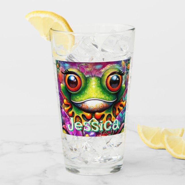 Frog Whimsical Abstract Floral Frogs Personalised Glass (Front Ice)