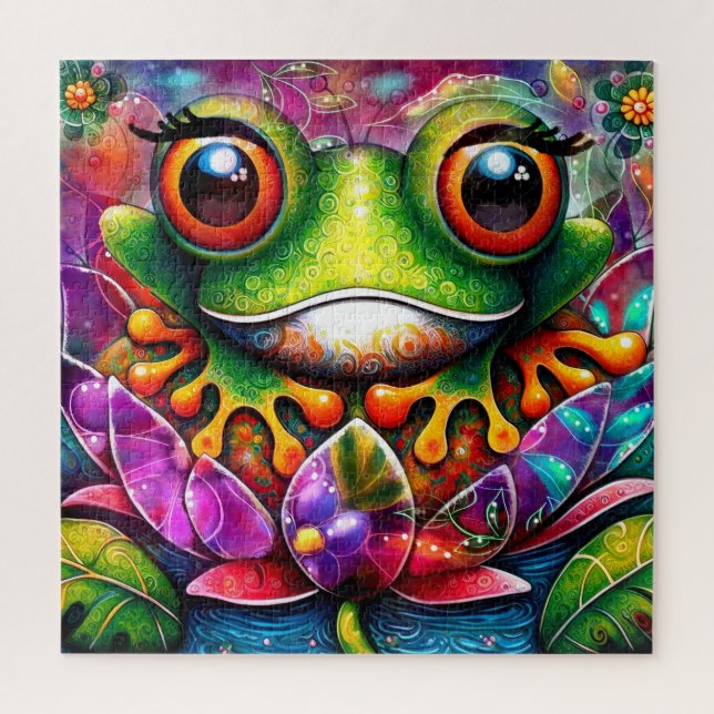 Frog Whimsical Abstract Painting Art Floral Green Jigsaw Puzzle (Vertical)