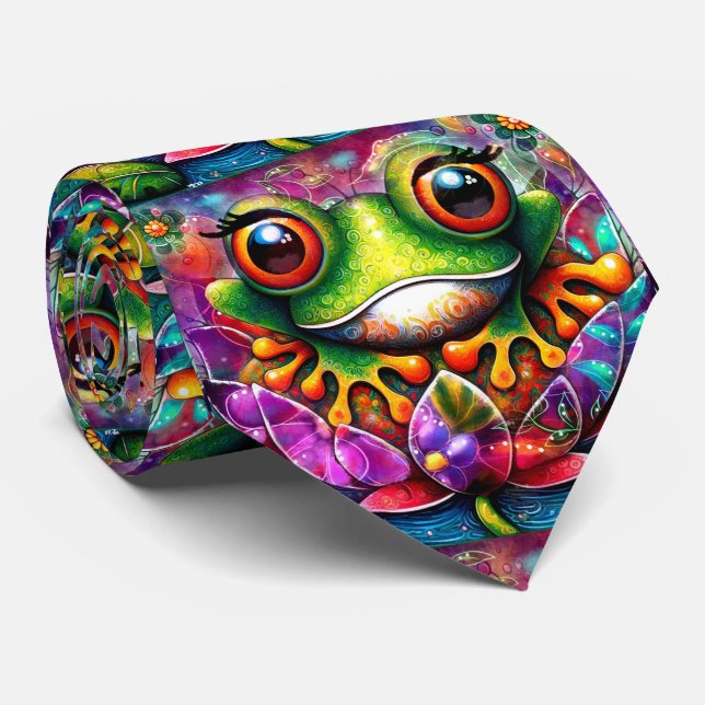 Frog Whimsical Abstract Painting Art Floral Green Tie (Rolled)