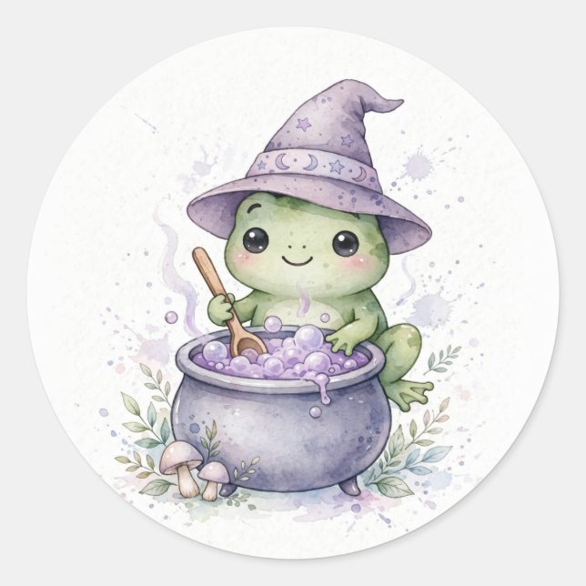 Frog Witch with Cauldron Halloween Classic Round Sticker (Front)