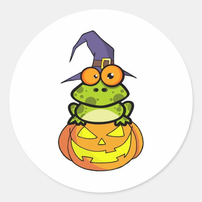 Frog With A Witch Hat In Pumpkin Classic Round Sticker (Front)