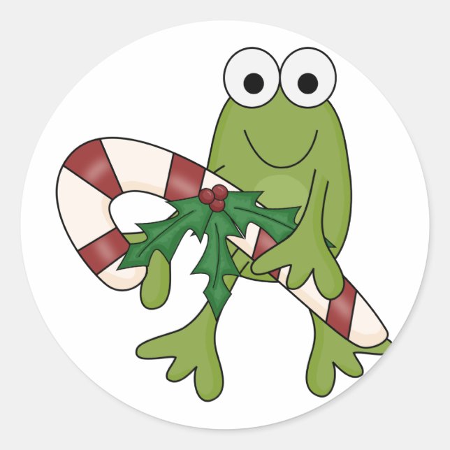 Frog With Candy Canes Tshirts and Gifts Classic Round Sticker (Front)