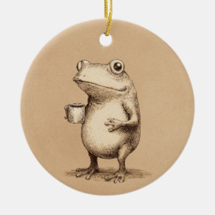 Frog with Coffee – Whimsical Vintage Animal Ceramic Tree Decoration