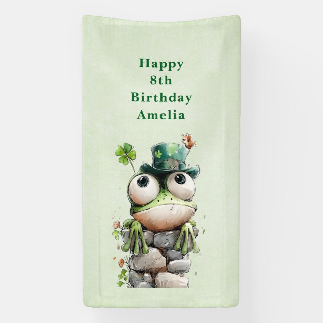 Frog with Green Hat and Shamrock Cute Birthday Banner (Vertical)