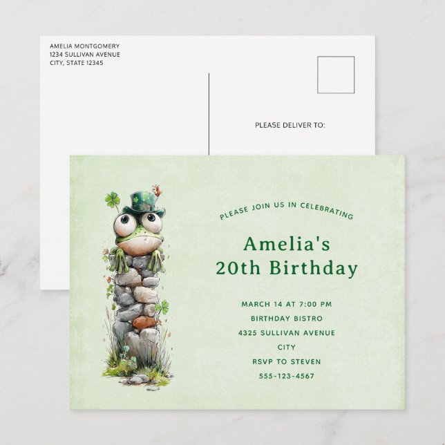 Frog with Green Hat and Shamrock Cute Birthday Invitation Postcard (Front/Back)