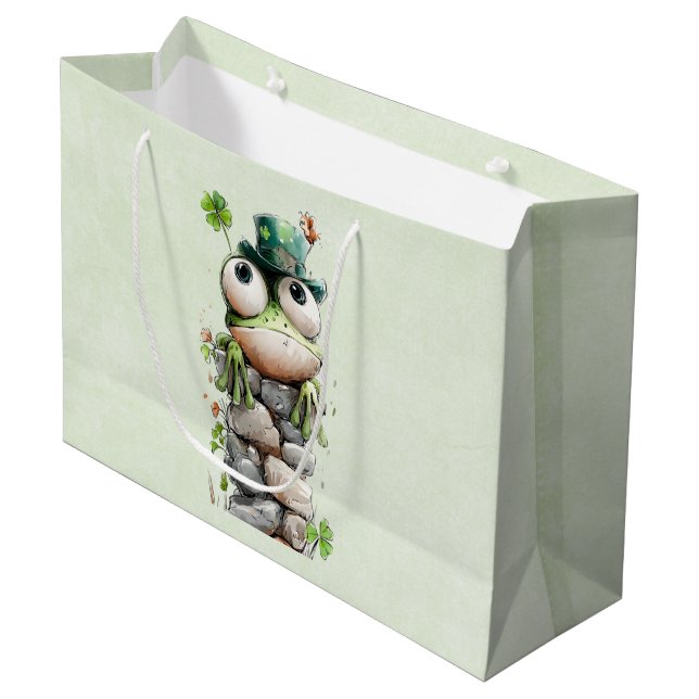 Frog with Green Hat and Shamrock Cute Large Gift Bag (Front Angled)