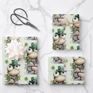 Frog with Green Hat and Shamrock Cute Pattern Wrapping Paper Sheet