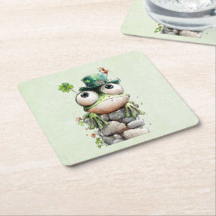 Frog with Green Hat and Shamrock Cute Square Paper Coaster