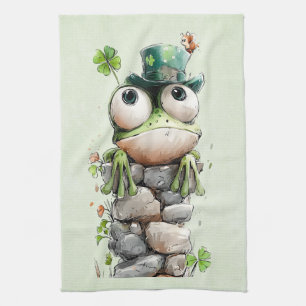 Frog with Green Hat and Shamrock Cute Tea Towel