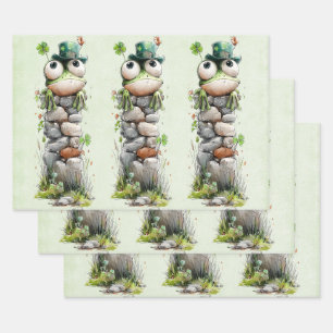 Frog with Green Hat and Shamrock Cute Wrapping Paper Sheet