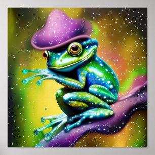 Frog with hat in the rain   poster