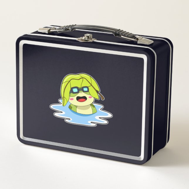 Frog with Leaf at Swimming Metal Lunch Box (Front)