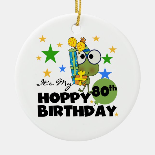 Froggie Hoppy 80th Birthday Ceramic Tree Decoration (Front)
