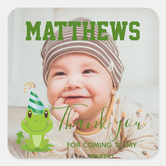 Froggy 1st Birthday Thank you Photo Party Square Sticker (Front)