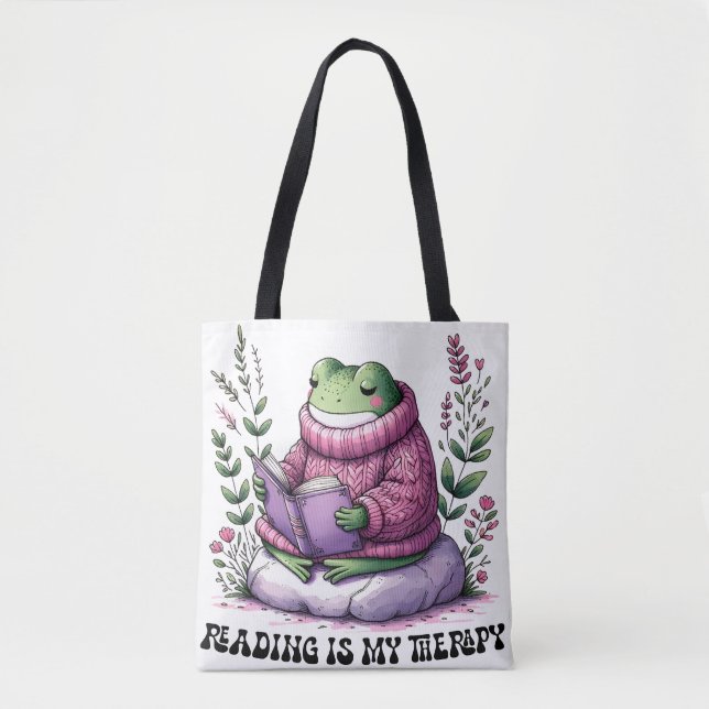 Froggy Reading Is My Therapy Tote Bag (Front)