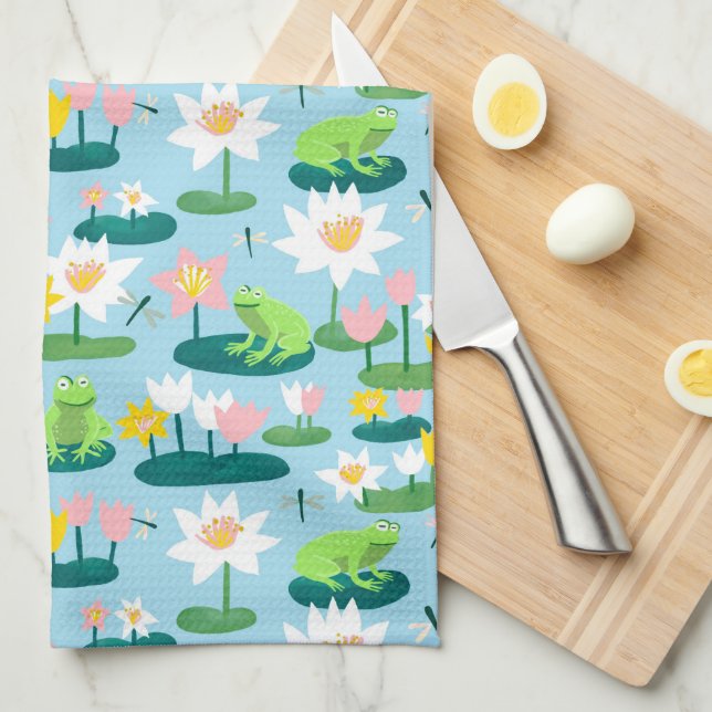 Frogs and Lily Pads Cute Custom Tea Towel (Quarter Fold)