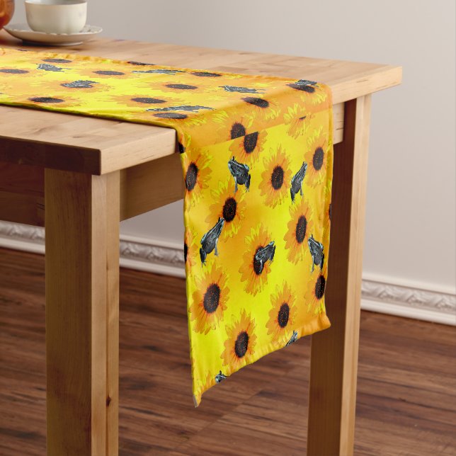 "Frogs and Sunflowers: A Playful Nature Pattern" Short Table Runner (In Situ)