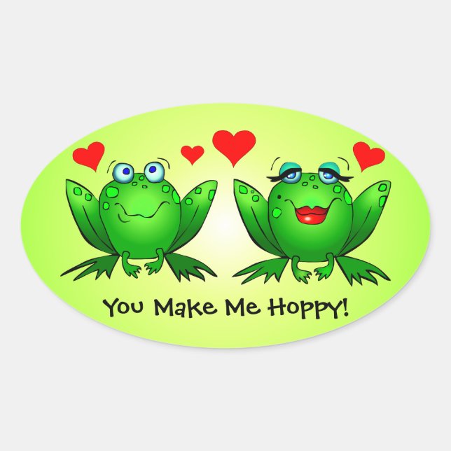 Frogs Cute Cartoon Love Hearts You Make Me Hoppy Oval Sticker (Front)