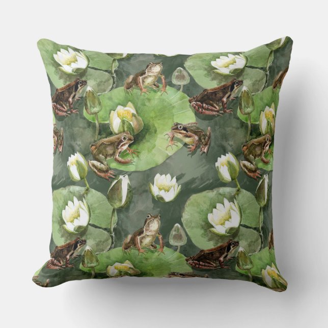 Frogs green and white water lilies cushion (Front)