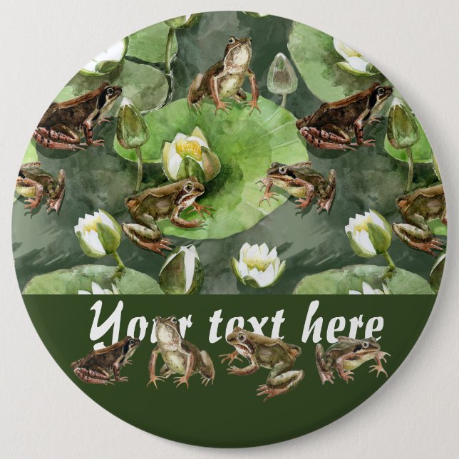Frogs green and white water lilies pattern  6 cm round badge (Front)