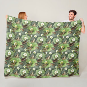 Frogs green and white water lilies pattern fleece blanket