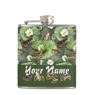 Frogs green and white water lilies pattern hip flask