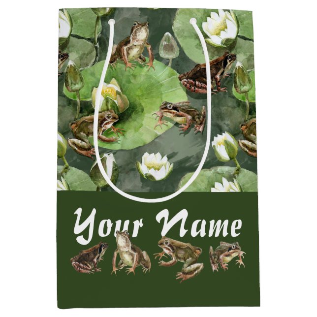 Frogs green and white water lilies pattern  medium gift bag (Front)