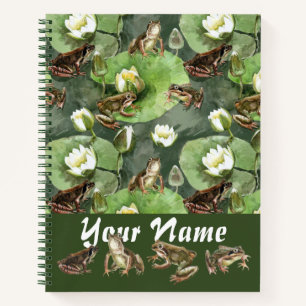 Frogs green and white water lilies pattern  notebook