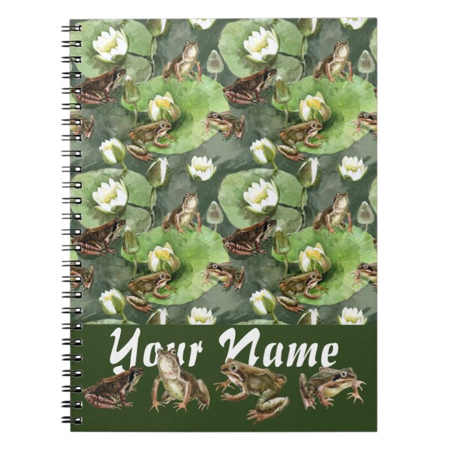 Frogs green and white water lilies pattern  notebook (Front)
