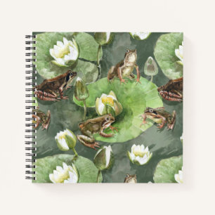 Frogs green and white water lilies pattern notebook