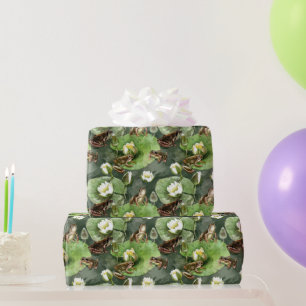 Frogs green and white water lilies pattern wrapping paper