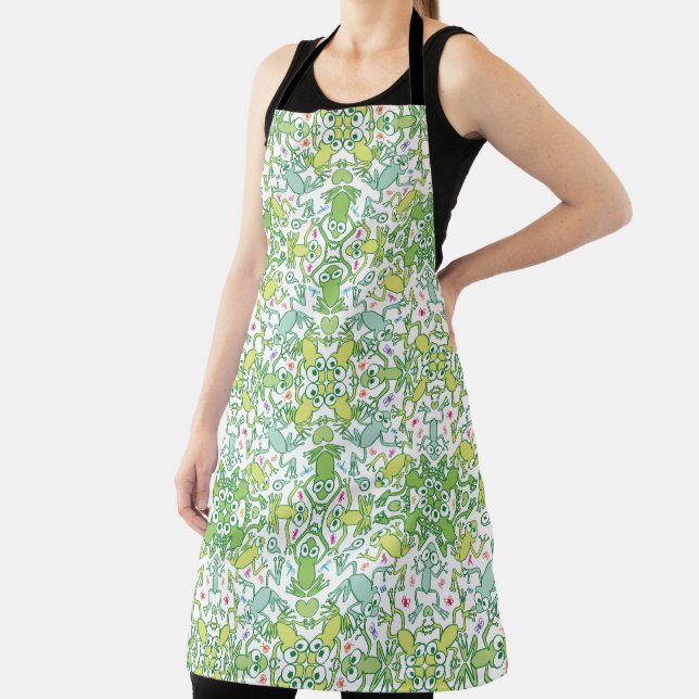 Frogs in every corner of this slimy pattern design apron (Insitu)
