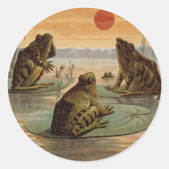 Frogs Lily Pads Moon Illustration Classic Round Sticker (Front)