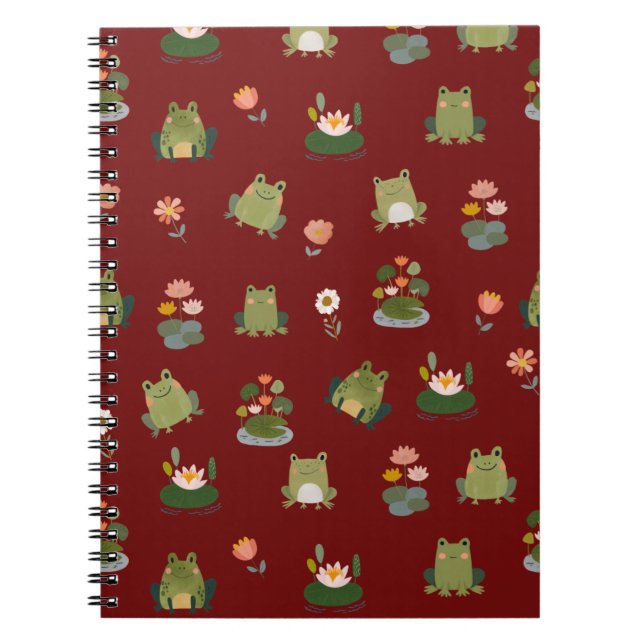 Frogs & Lily Pads on Dark Red Notebook (Front)